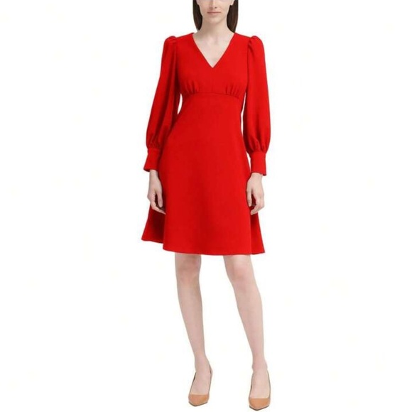 Calvin Klein Women’s Red Puff-Sleeve Fit-&-Flare Dress Size 14 special occasion - Picture 10 of 10